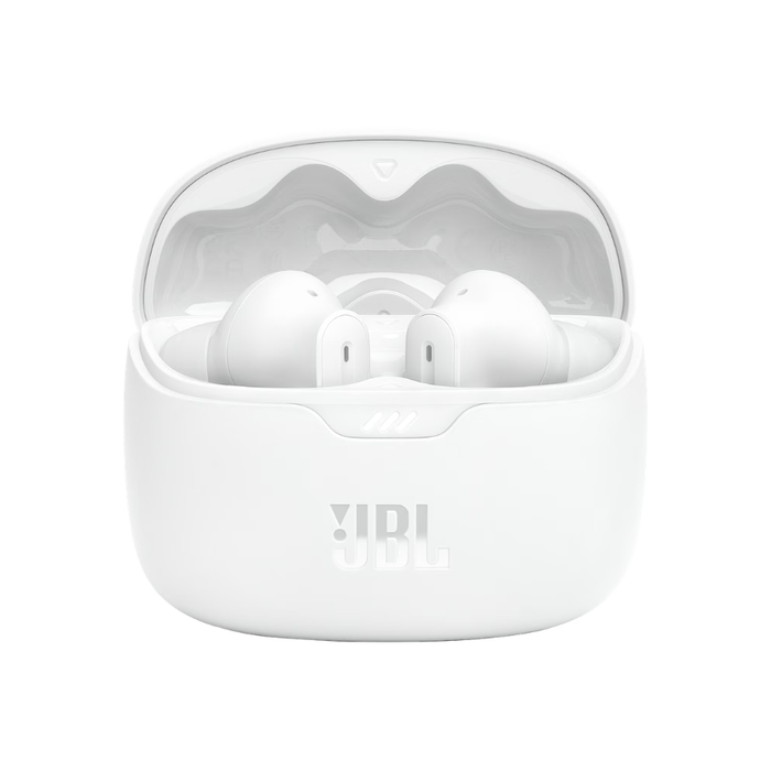 White JBL Tune Beam true wireless earbuds in charging case, two earbuds facing front
