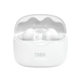White JBL Tune Beam true wireless earbuds in charging case, two earbuds facing front