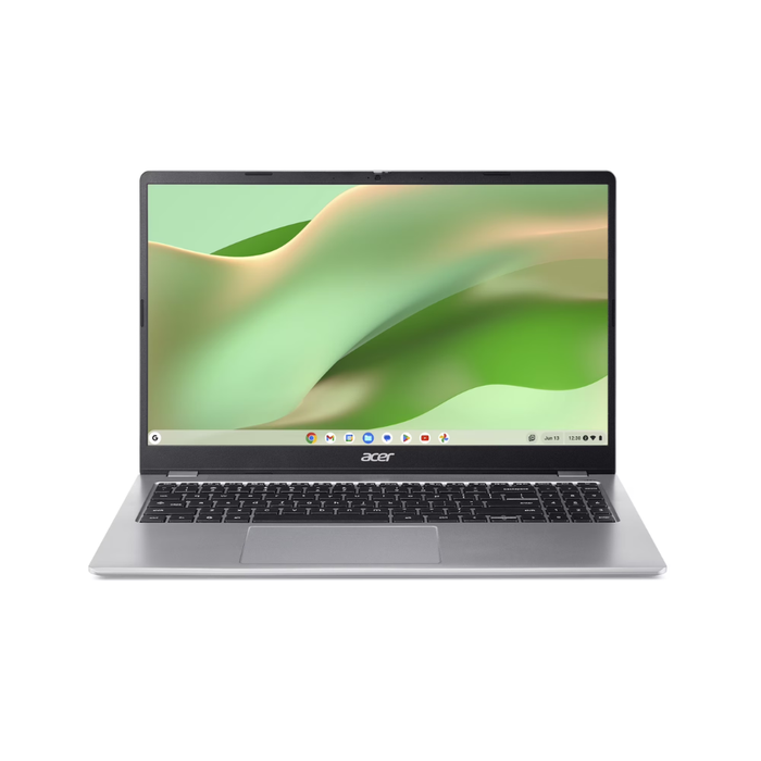 Acer Chromebook 315 laptop with open silver lid and black keyboard
