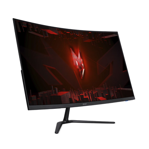 Curved gaming monitor, black frame and stand, angled front view