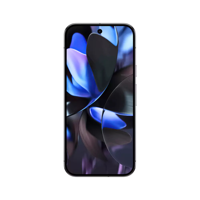 Google Pixel 9 Pro smartphone in Obsidian, front view only with abstract blue wallpaper