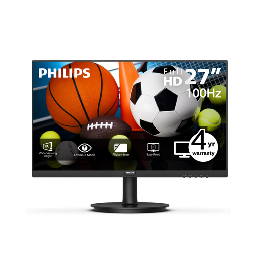 Black Philips V-line LED monitor with stand, front view showing sports ball display