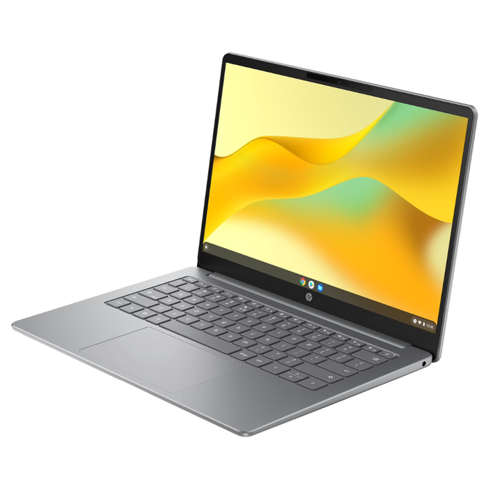 HP Chromebook 14 laptop in Meteor Silver, open with keyboard and display