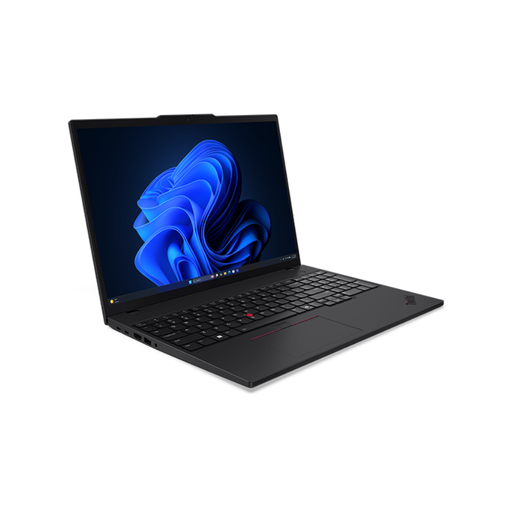 Black ThinkPad laptop angled open, touchscreen display on with keyboard visible.