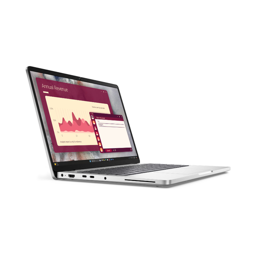 14-inch Dell Pro laptop, platinum silver, angled view with display and trackpad
