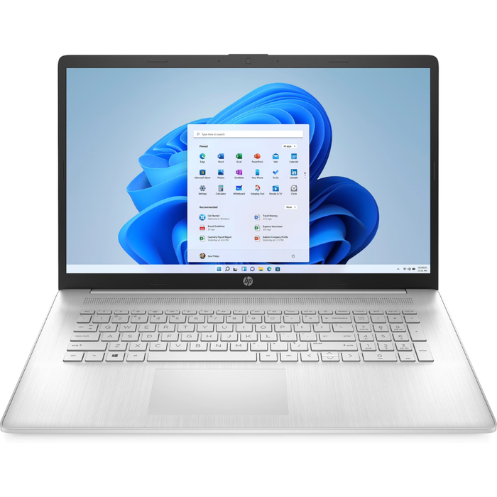 Natural Silver 17.3" Laptop mit sichtbarer Tastatur und Windows 11 Startmenü