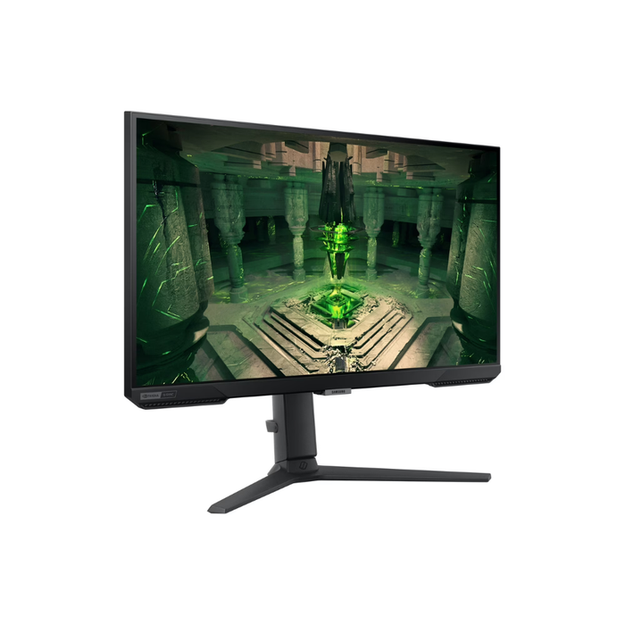 Black gaming monitor on pedestal stand, angled view with gaming scene on screen