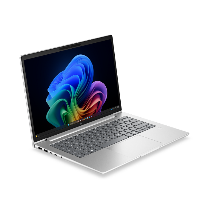 HP ProBook 14-inch laptop, silver, angled view with colorful screen and trackpad.
