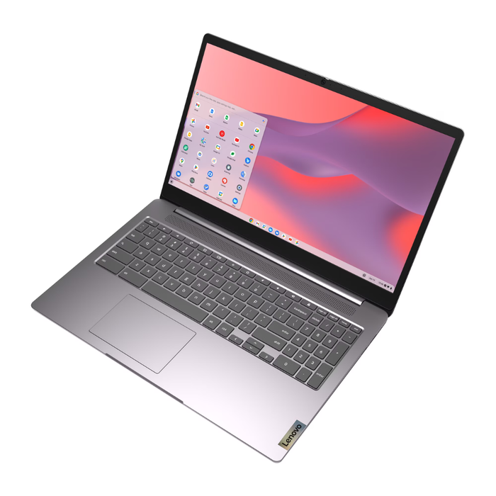 Arctic gray Lenovo Chromebook laptop angled view, keyboard and touchpad clearly visible