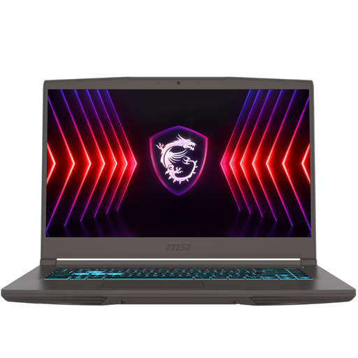 Black gaming laptop with MSI shield logo on screen, open front view