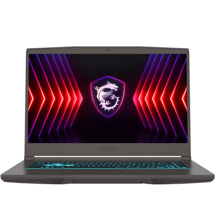 Black gaming laptop with MSI shield logo on screen, open front view