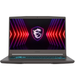 Black gaming laptop with MSI shield logo on screen, open front view