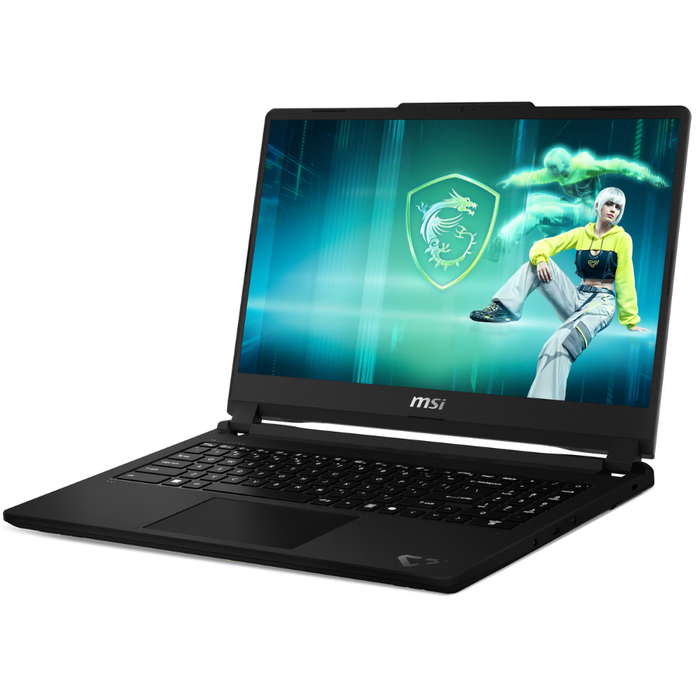 MSI Cyborg gaming laptop open, screen facing forward, dark chassis.