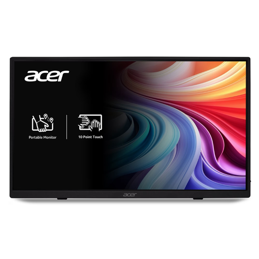 Portable touch screen monitor with Acer logo, black bezel, colorful display