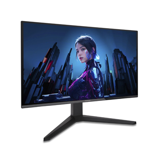 Black gaming monitor with three-prong stand, angled front view.