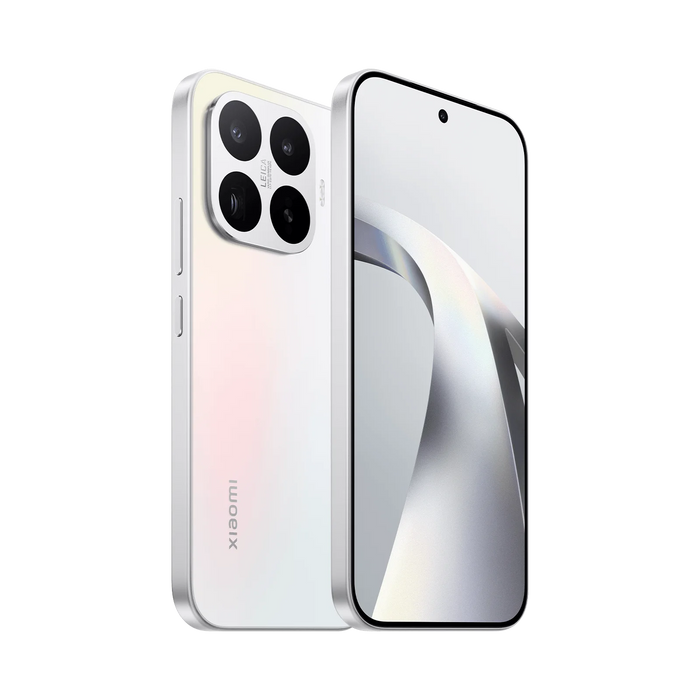 Opal white smartphone with quad rear cameras and front display