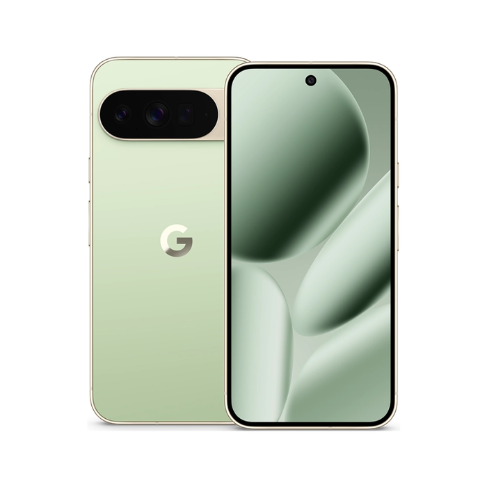 Google Pixel 10 Pro XL smartphone in Jade, front and back view with triple camera