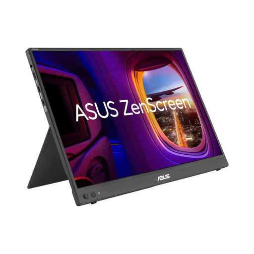 Black portable monitor on adjustable kickstand, tilted view