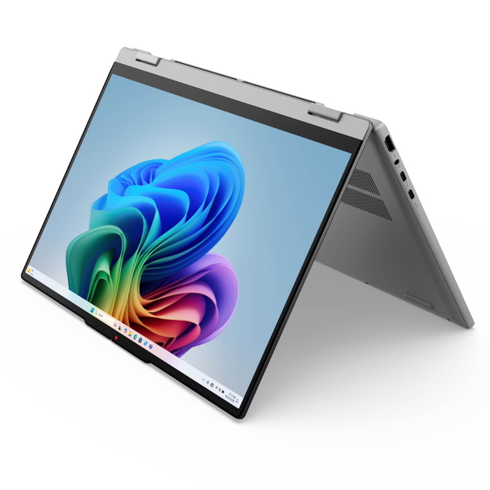 Lenovo Luna Grey 2-in-1 laptop, tent mode with colorful display