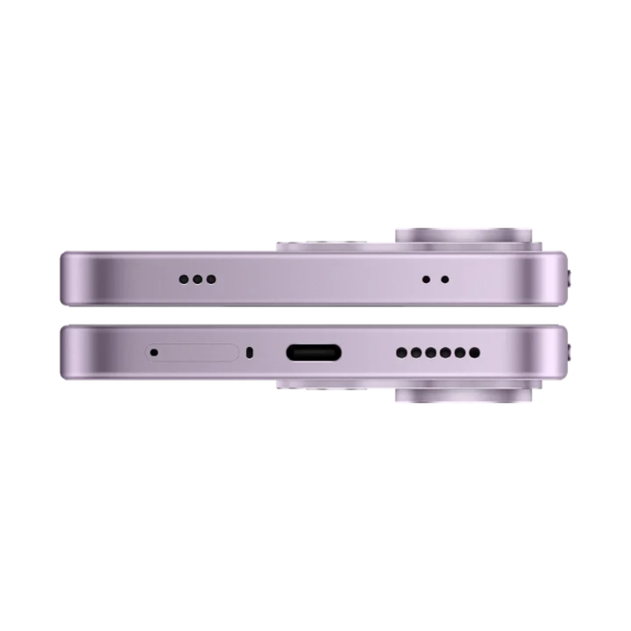 Purple smartphone side view showing power button and speaker grille along the edge