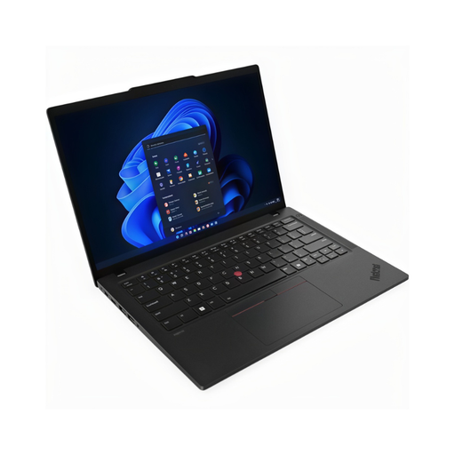 Black Lenovo ThinkPad P14s laptop, angled open view with keyboard visible