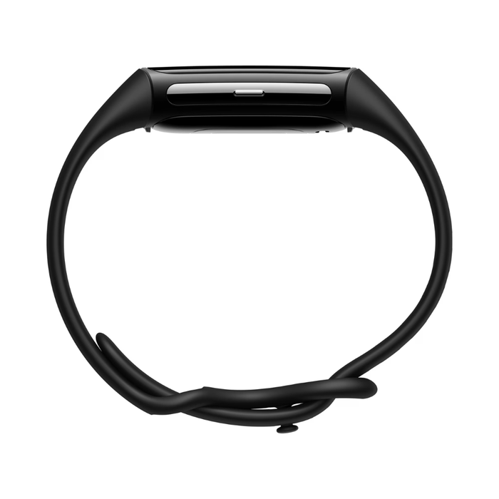 Fitness tracker watch with black silicone band, side view showing metal button