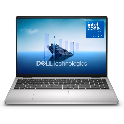 Platinum silver Dell 16-inch laptop with keyboard and Intel Core logo on screen