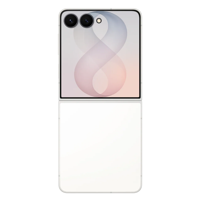Cream foldable 5G smartphone, open rear housing view