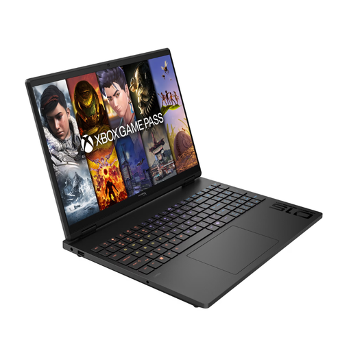 Black gaming laptop angled view with Xbox Game Pass wallpaper on display