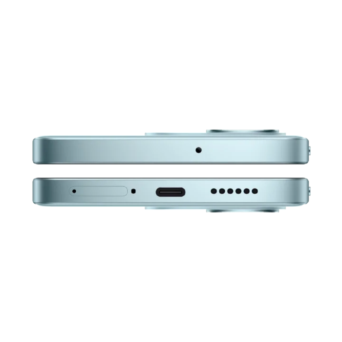Sky Teal phone side view with USB-C port, buttons, and speaker grille