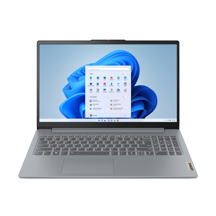 Lenovo IdeaPad Slim 3i 15.6 arctic grey laptop with Windows 11 screen and keyboard
