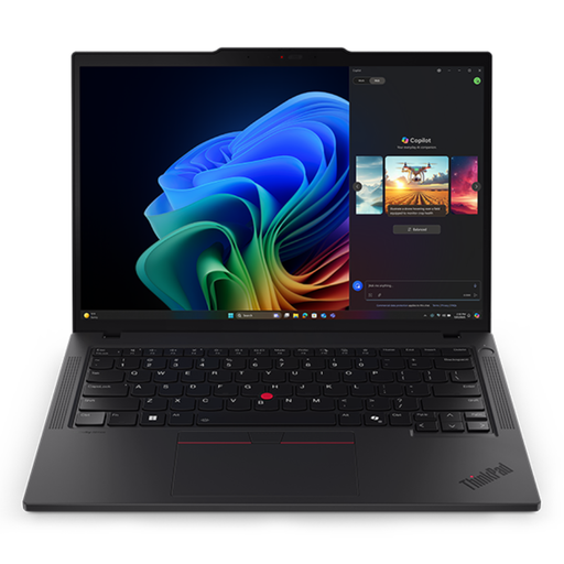 Black Lenovo ThinkPad T14 laptop front view with keyboard and display