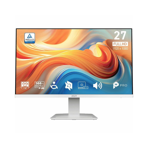 27-inch IPS monitor with matte white stand, front view and colorful screen display
