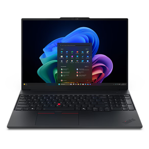 Lenovo ThinkPad E16 laptop in black, open view with keyboard and Windows desktop