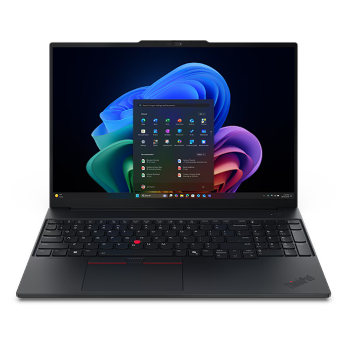 Lenovo ThinkPad E16 laptop in black, open view with keyboard and Windows desktop