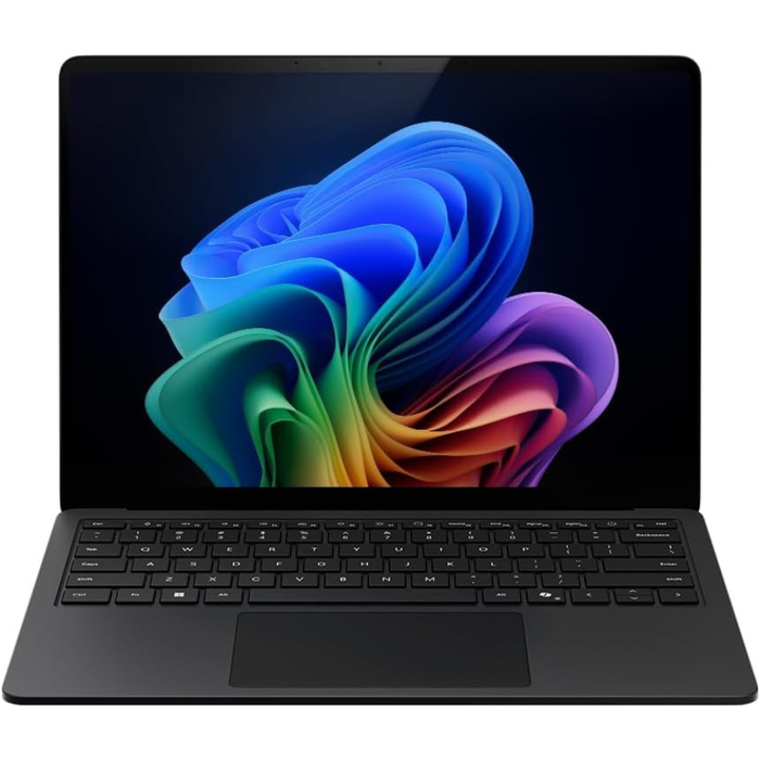 Black Microsoft Surface Laptop 13.8" open laptop with keyboard and trackpad.