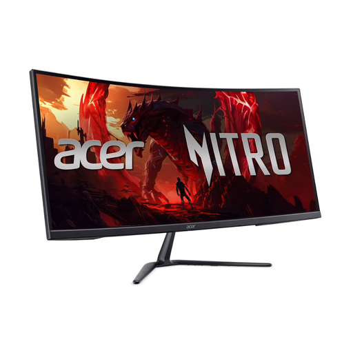 Curved gaming monitor with black frame and Nitro graphic, pedestal stand