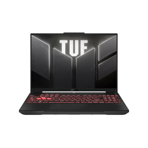 Gaming laptop with open screen and red backlit keyboard, TUF logo on display