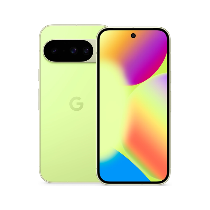 Smartphone with lime back and colorful front display, triple cameras on top