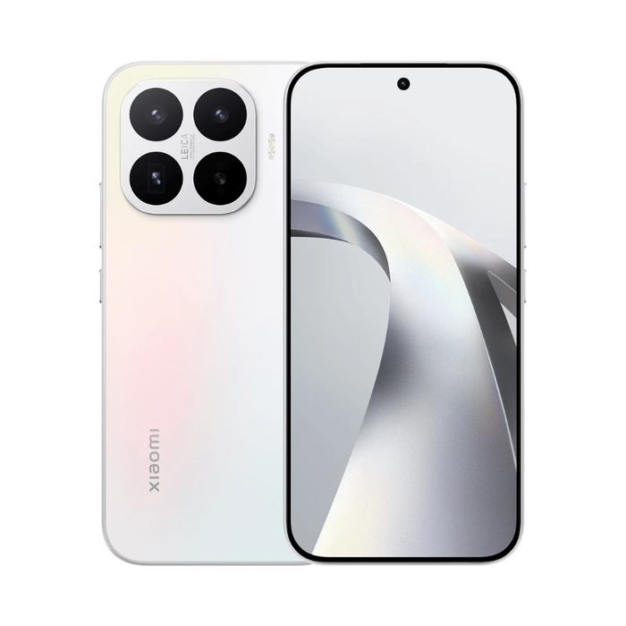 Opal white smartphone with quad-camera module on back and front display with wallpaper.