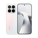 Opal white smartphone with quad-camera module on back and front display with wallpaper.
