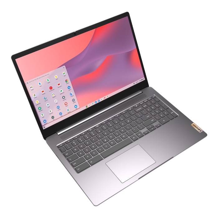 Arctic gray Lenovo Chromebook laptop angled view, screen displaying Chrome OS app icons