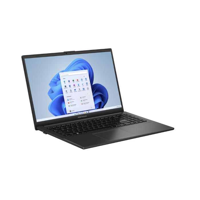 ASUS Vivobook Go 15 laptop, dark color open angled, showing keyboard and screen