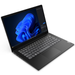 Black Lenovo laptop angled view, screen with blue wallpaper and visible keyboard