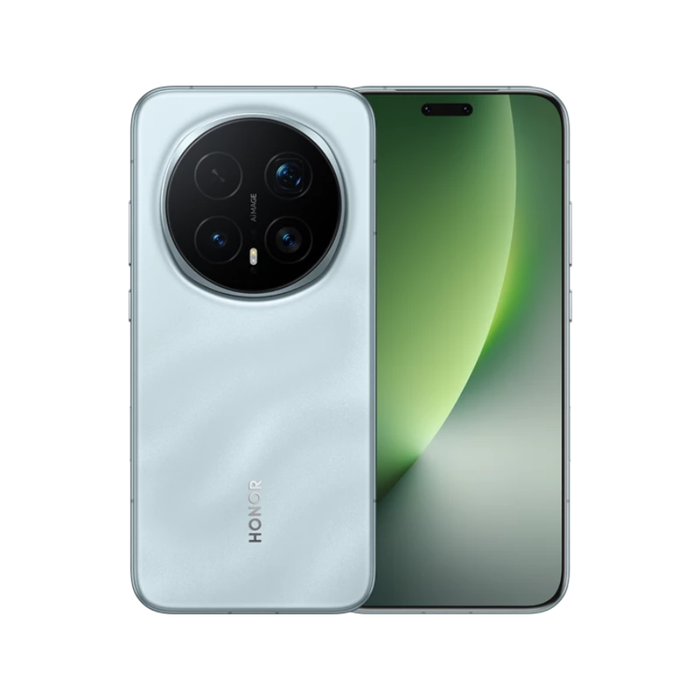 Honor Magic 8 Pro phone, Sky Cyan front display and back with triple camera module