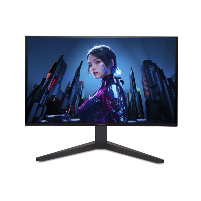 Black gaming monitor with three-prong stand, front view.