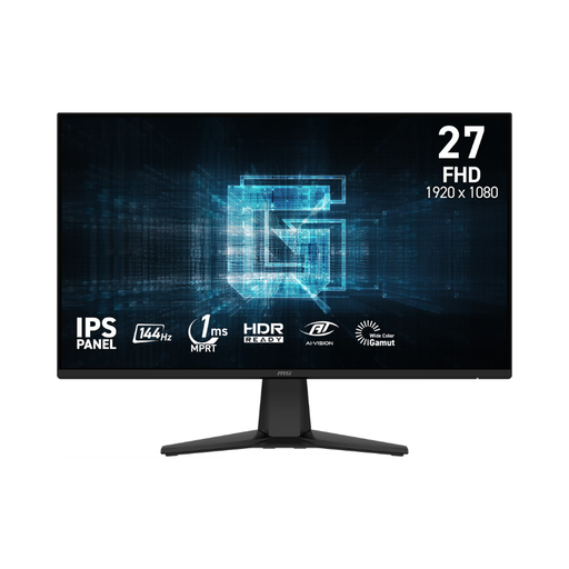 Black gaming monitor with 27 in FHD display and central pedestal stand