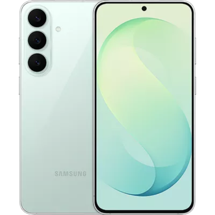 Samsung 5G smartphone in pistachio, front and back view with triple rear cameras
