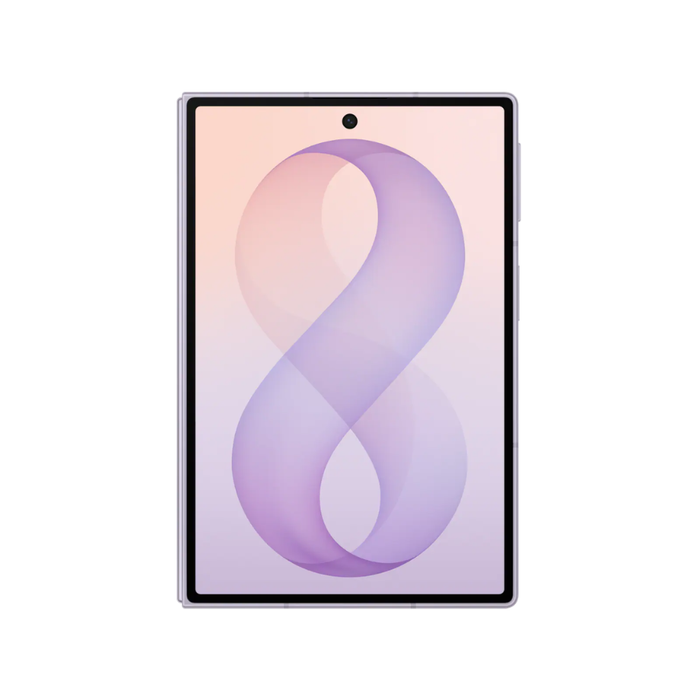 Lavender foldable smartphone standing open with front display visible