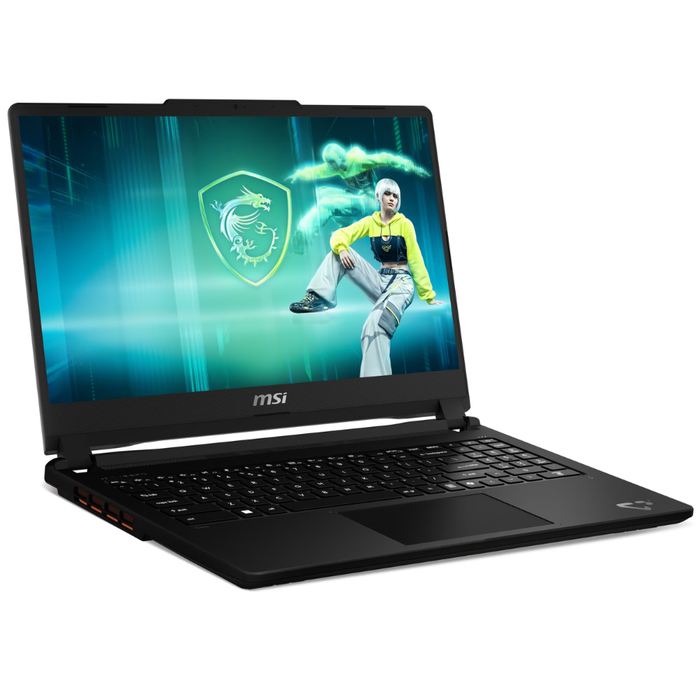 MSI Cyborg gaming laptop open, keyboard and side ports visible.